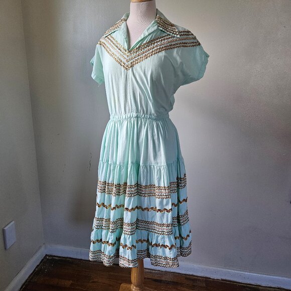 Vintage 50s 60s Blue Gold Patio Siesta Fiesta Squaw Southwestern Dress Medium - Picture 2 of 10